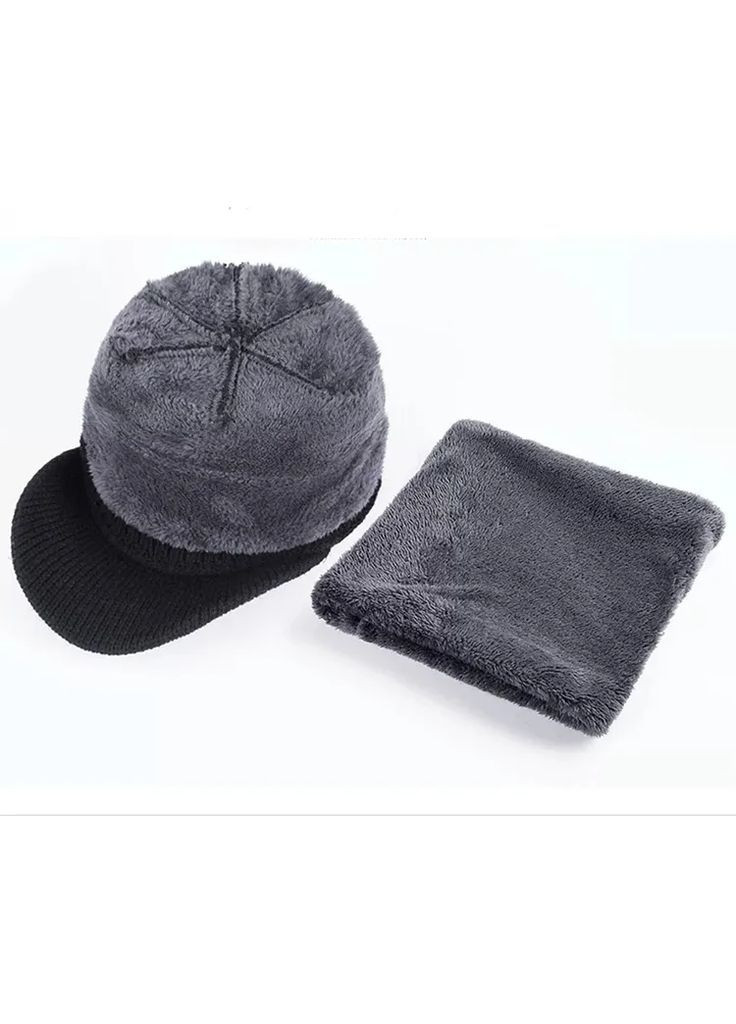 Набір чоловіча шапка з козирком і шарф снуд зимові чорний з сірим (748) No Brand (363869599)