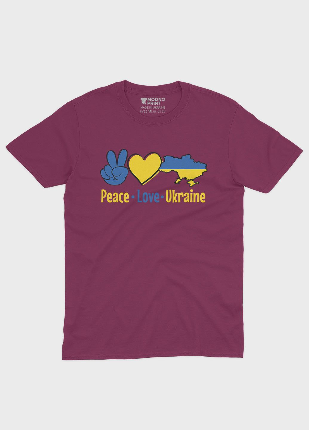 Бордовая летняя женская футболка с патриотическим принтом peace love ukraine (ts001-2-bgr-005-1-040-f) Modno