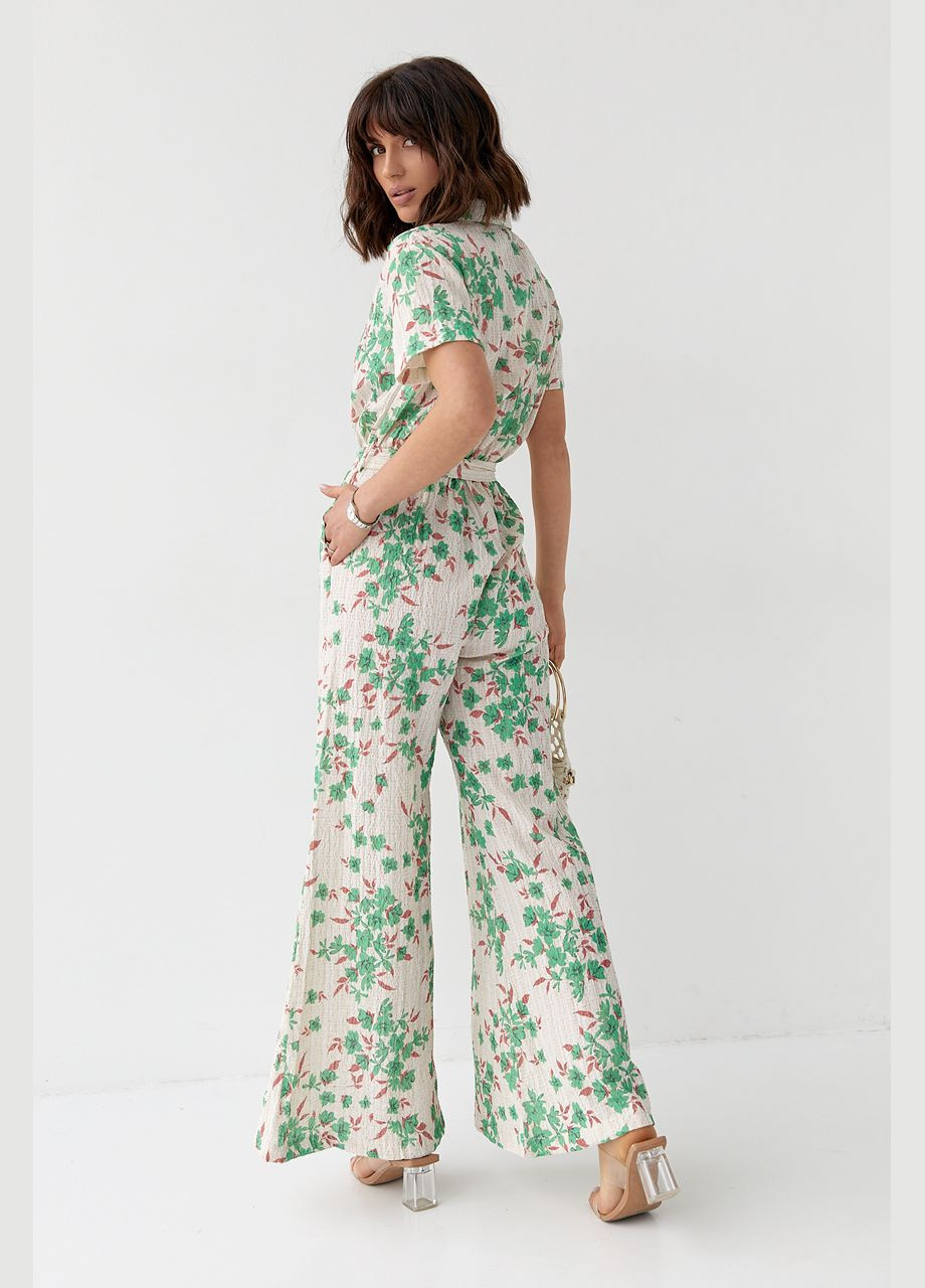 Женский летний комбинезон со штанами 7001 Lurex цветочный зелёный коктейльный
