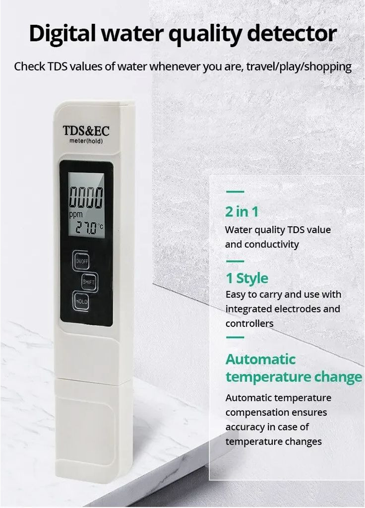 Цифровой тестер качества воды измеритель TDS EC Температура Солемер Минералометр с батарейкой No Brand (341324884)