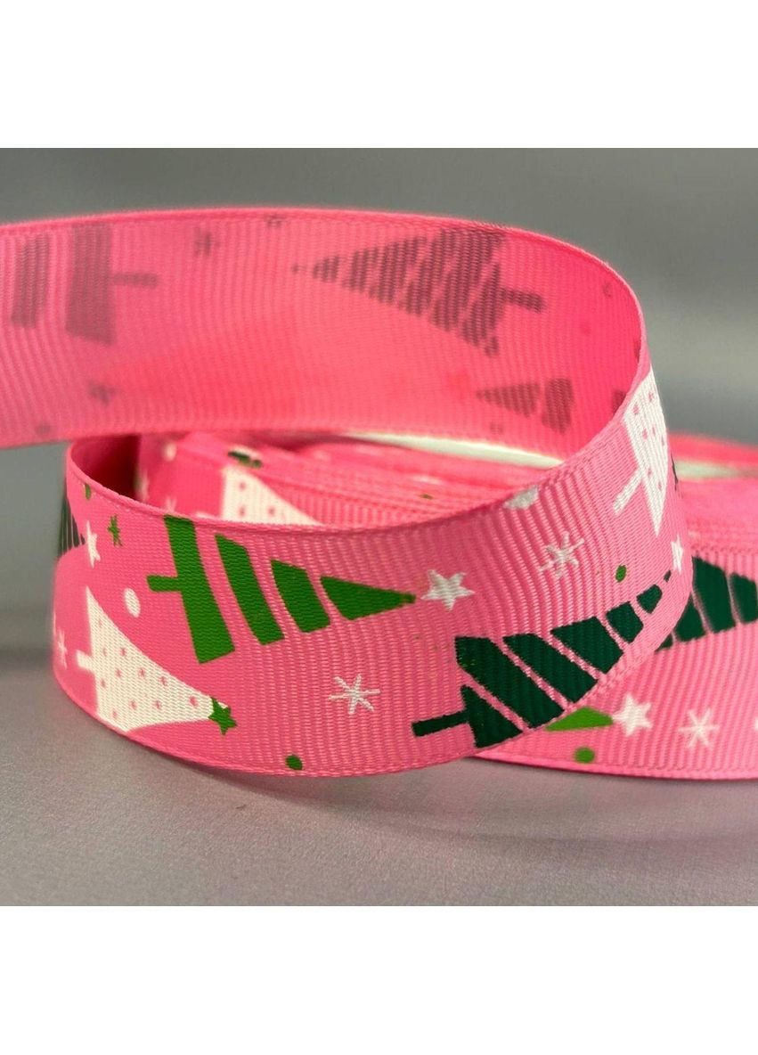 2,5 см Стрічка репсова з принтом на метраж - #710 рожева з ялинками Plus-plus (352745050)