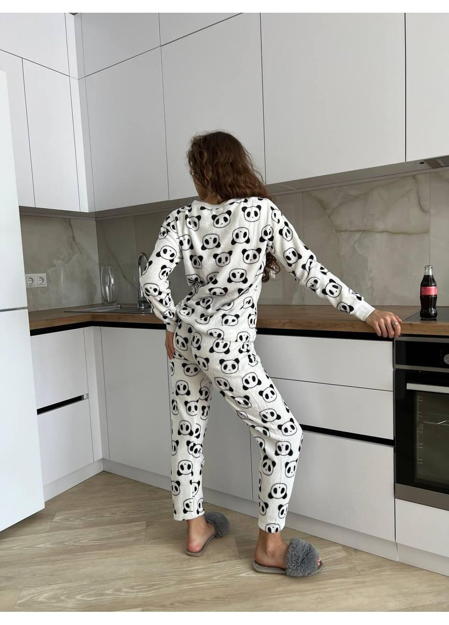 Біла піжама біло-чорна з принтом панд із м’якого флісу. тепла жіноча піжама флісова з пандами. домашній зимовий костюм No Brand
