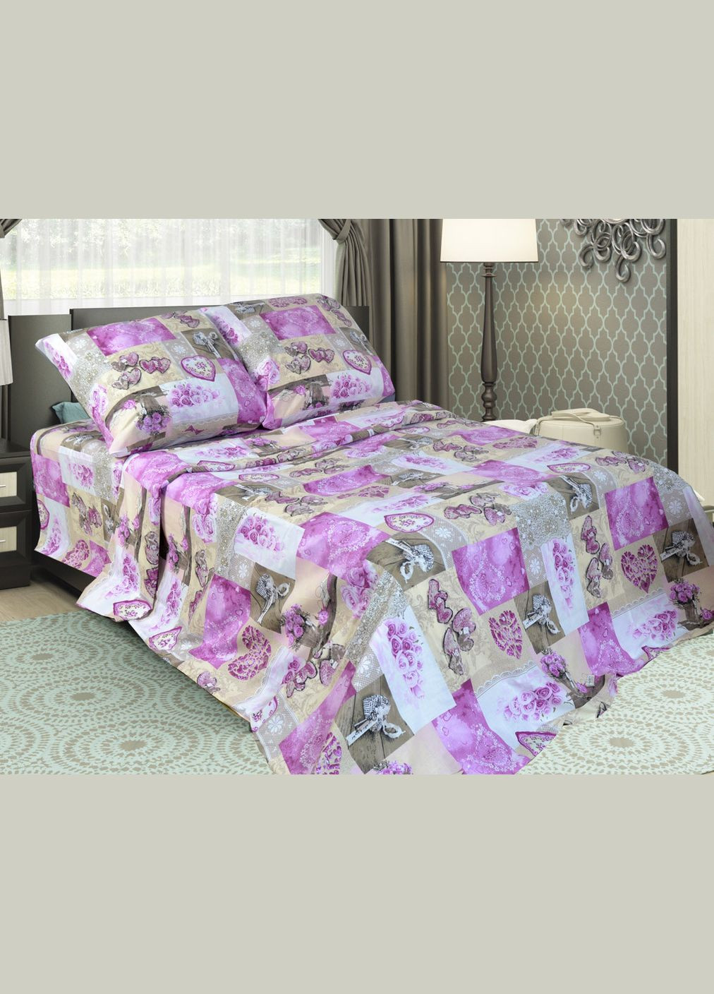 Євро комплект постільної білизни Вилена бязь Голд Рожеві сердечка Vilenna (340073273)