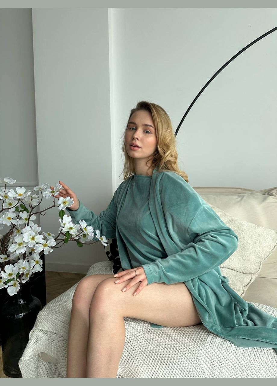 Оливкова всесезон комплект велюровий - халат,футболка,шорти,штани футболка + шорти + брюки Україна