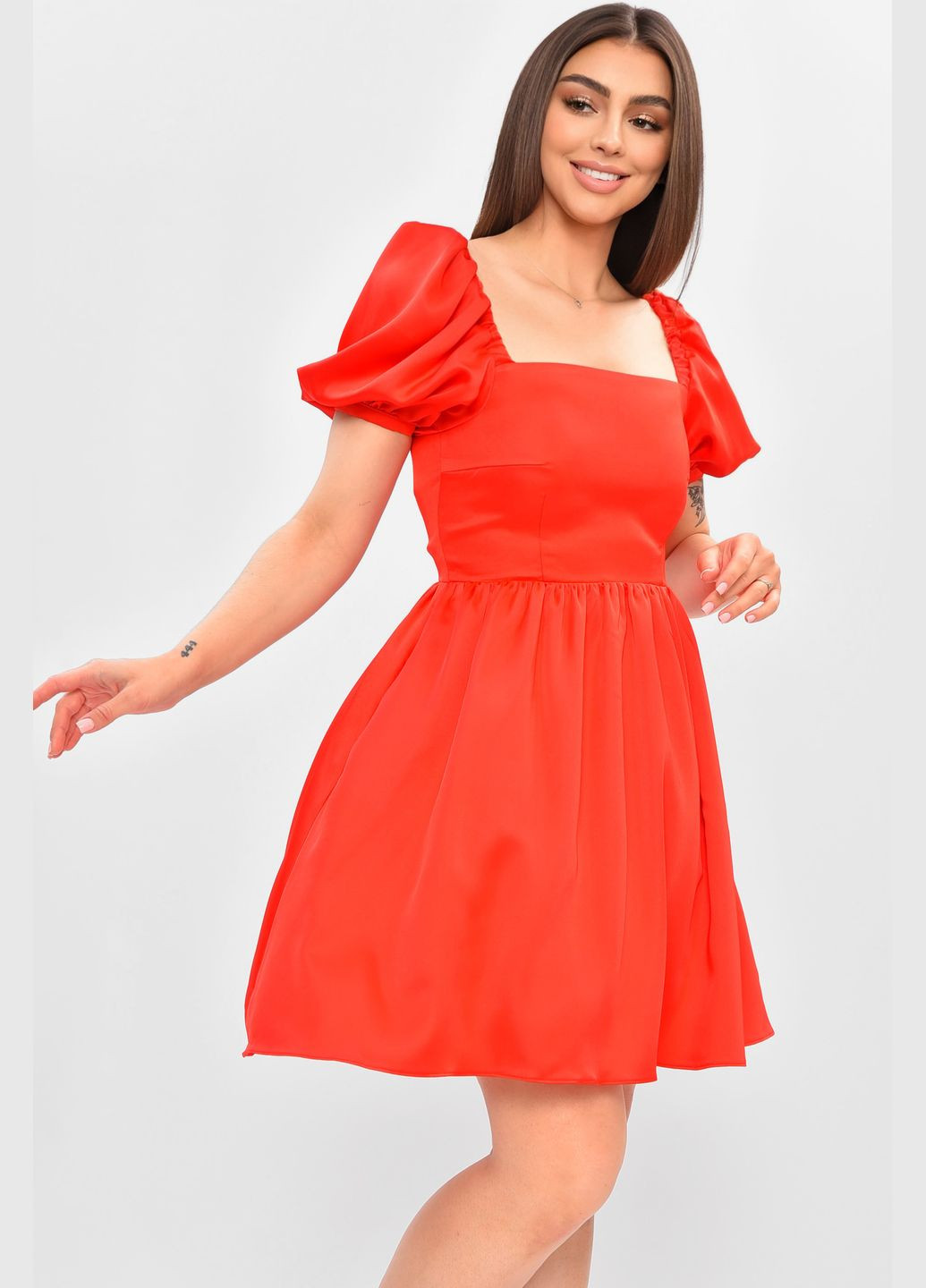 Червона джинсова сукня жіноча атласна червоного кольору а-силует Let's Shop однотонна