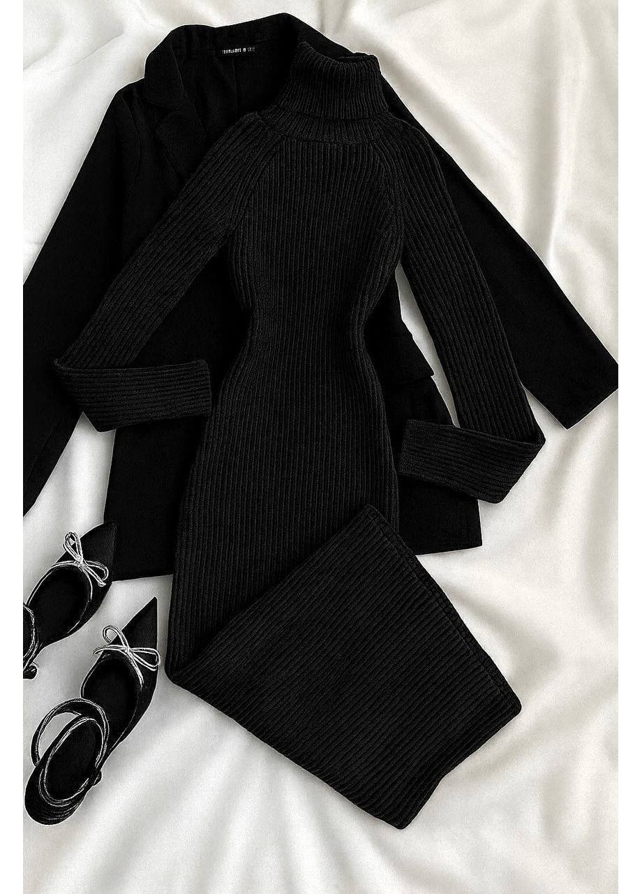 Чорна кежуал жіноча в’язана сукня міді з високим горлом No Brand однотонна