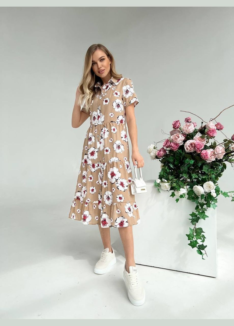 Бежевое повседневный женское платье-рубашка с цветочным принтом. рубашка MonCher с цветочным принтом