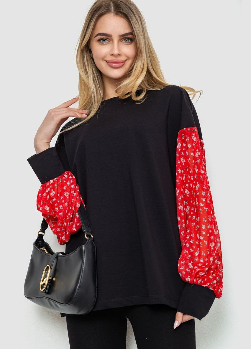 Чорна демісезонна блуза з шифоновими рукавами, колір червоний, Kamomile