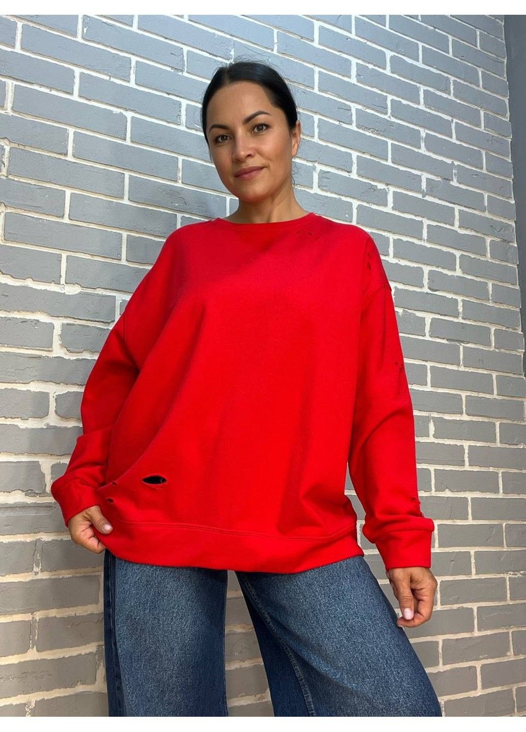 Красный свитшот женский joy one 6969 оверсайз удлиненный однотонный порезы (302899881)