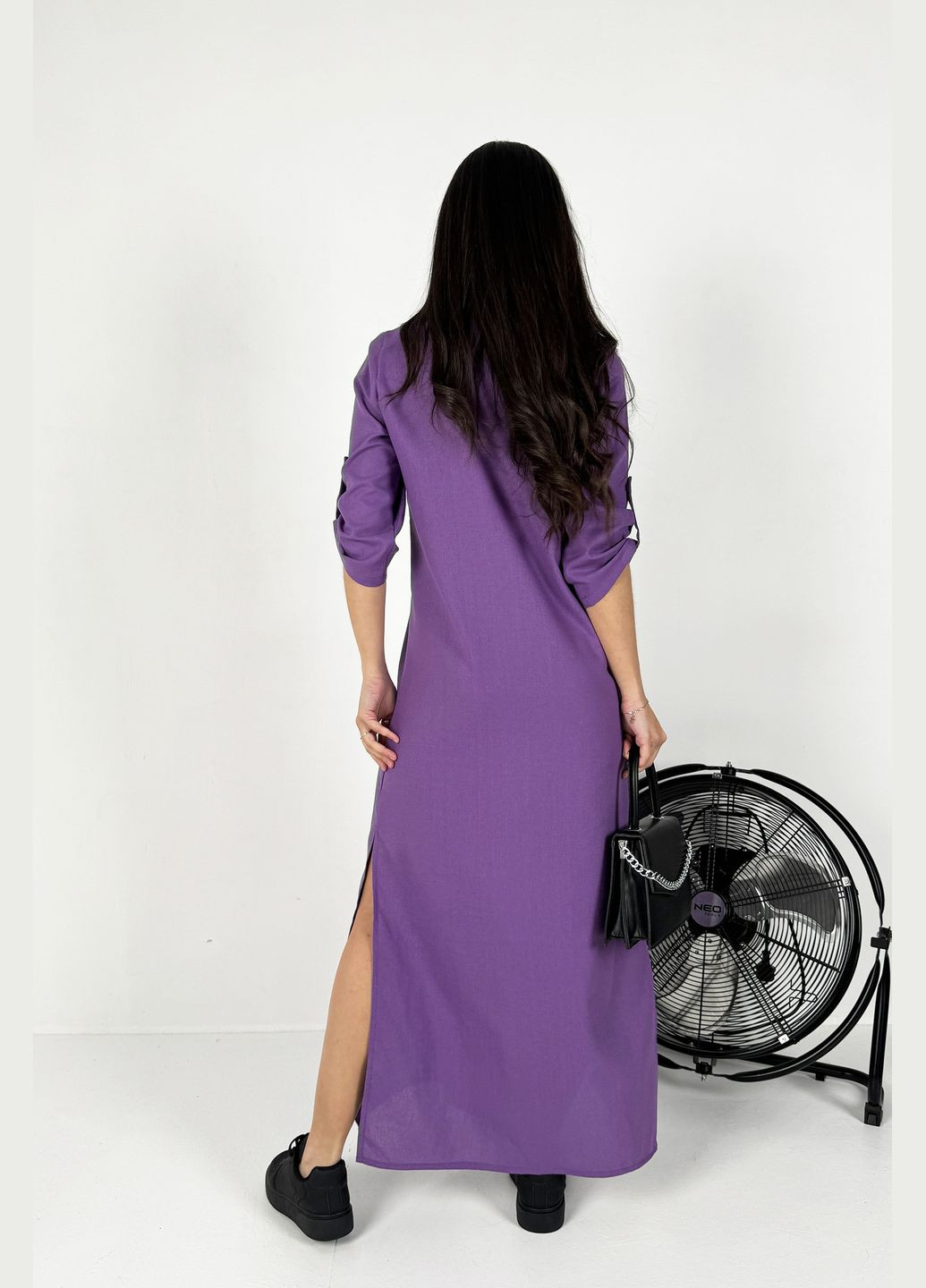 Фиолетовое повседневный, кэжуал модное легкое длинное лляное платье с разрезами INNOE однотонное