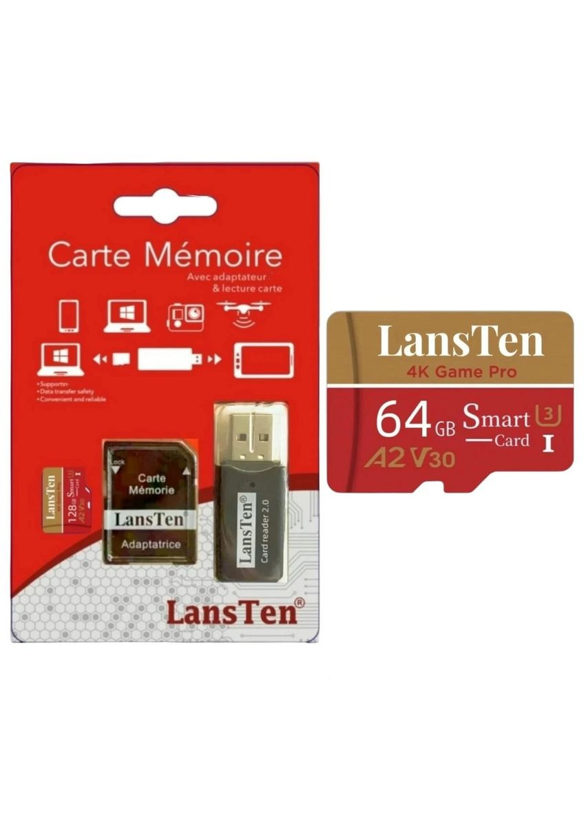 MicroSD Карта памяти LansTen 64GB Class 10 с Адаптером и USB Картридером China (365823003)