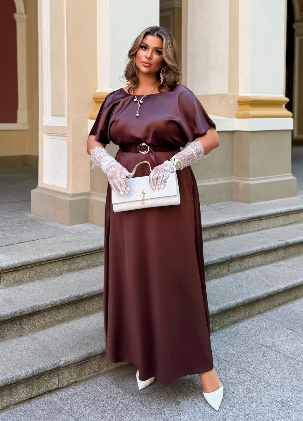 Коричнева святковий, коктейльна, вечірня вечірня сукня шовкова максі довжини з відкритою спиною та поясом дзвін, з відкритою спиною No Brand однотонна