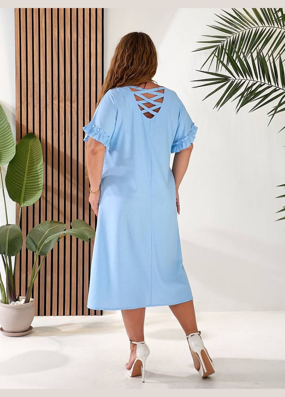 Голубое повседневный льняное платье свободного кроя с перекрестком на спинке MonCher