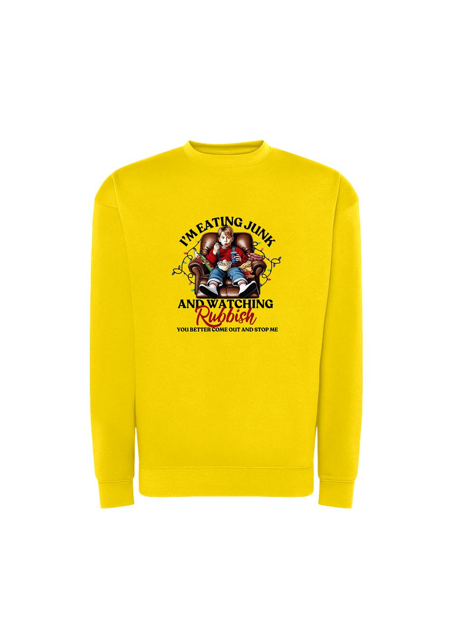 Жовтий новорічний світшот з принтом "i'm eating junk and watching rubbish". сам удома / один вдома (10565076843) ТiШОТКА (368570956)