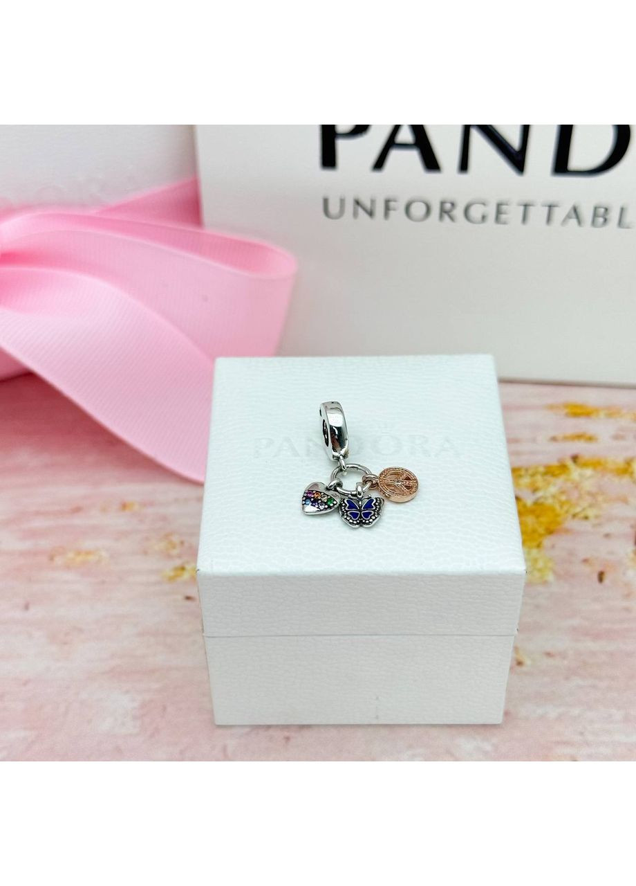 Срібний шарм Пандора "Райдужне серце, метелик і символ миру" 782572C01 Kabluchka (355346667)
