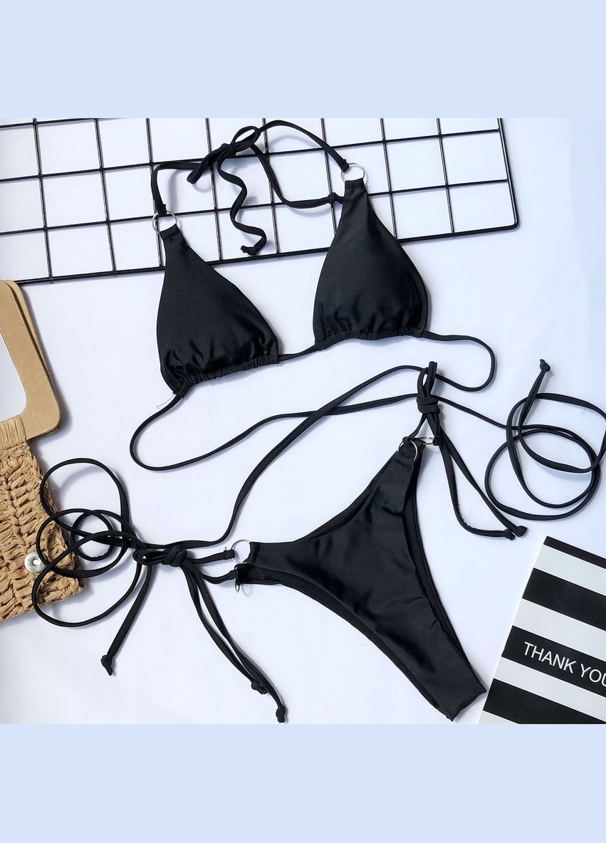 Чорний літній жіночий роздільний купальник на зав'язках No Brand