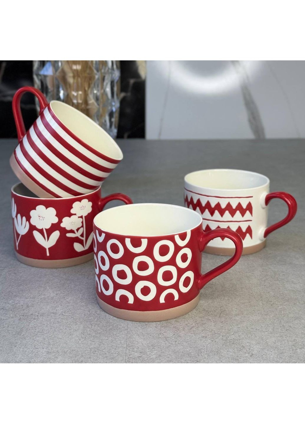Кружка 400мл "Орнамент" стильный и удобный аксессуар для ваших любимых напитков 4 вида Красный и белый OSM (365549108)