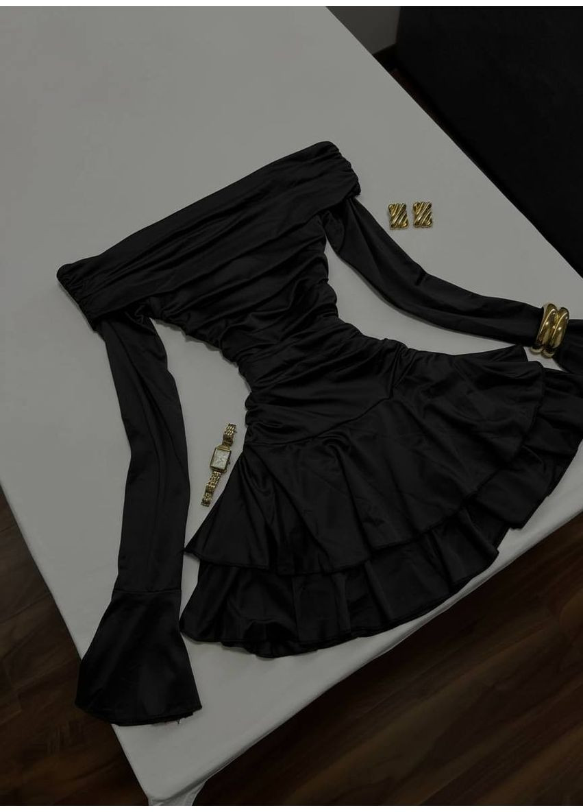 Чорна святковий, вечірня, кежуал елегантна жіноча сукня з відкритими плечима з відкритими плечима No Brand однотонна