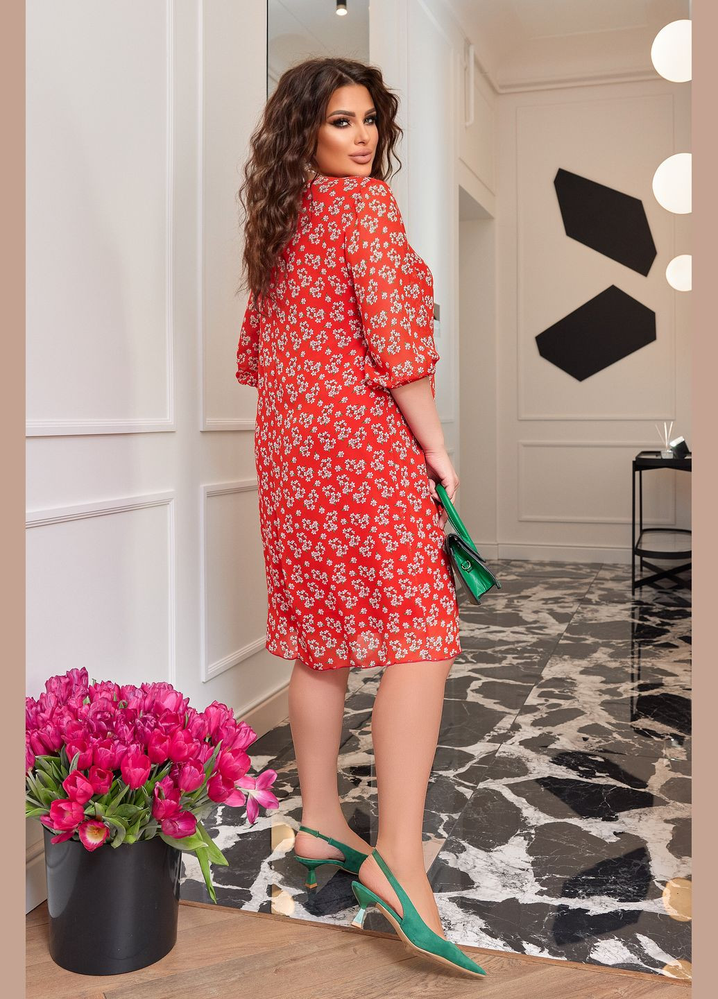Красное повседневный шифоновое платье миди а-силуэт No Brand с цветочным принтом