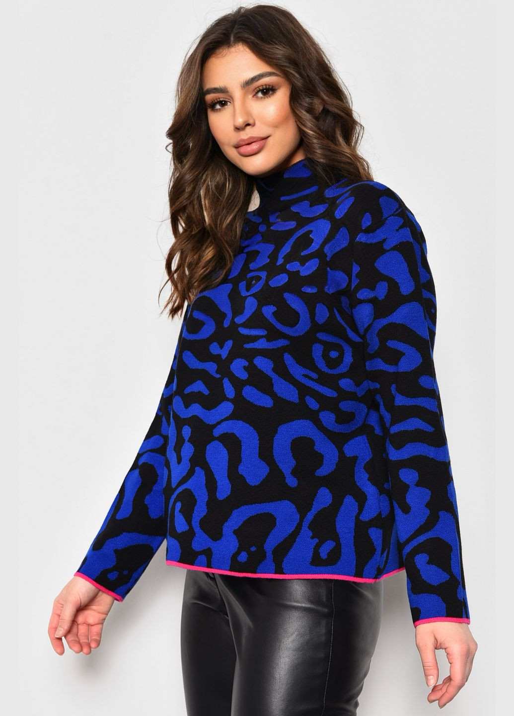 Черный зимний свитер женский с принтом черно-синегоцвета пуловер Let's Shop