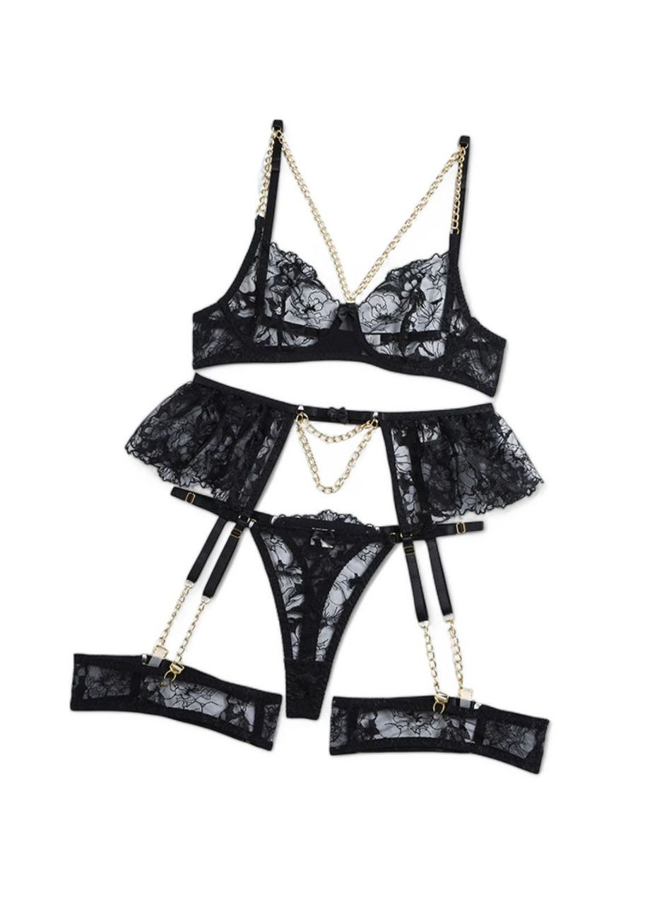 Черный демисезонный комплект откровенный женского белья liberta бюстгальтер трусики пояс с гартерами No Brand Комплект нижньої білизни Liberta