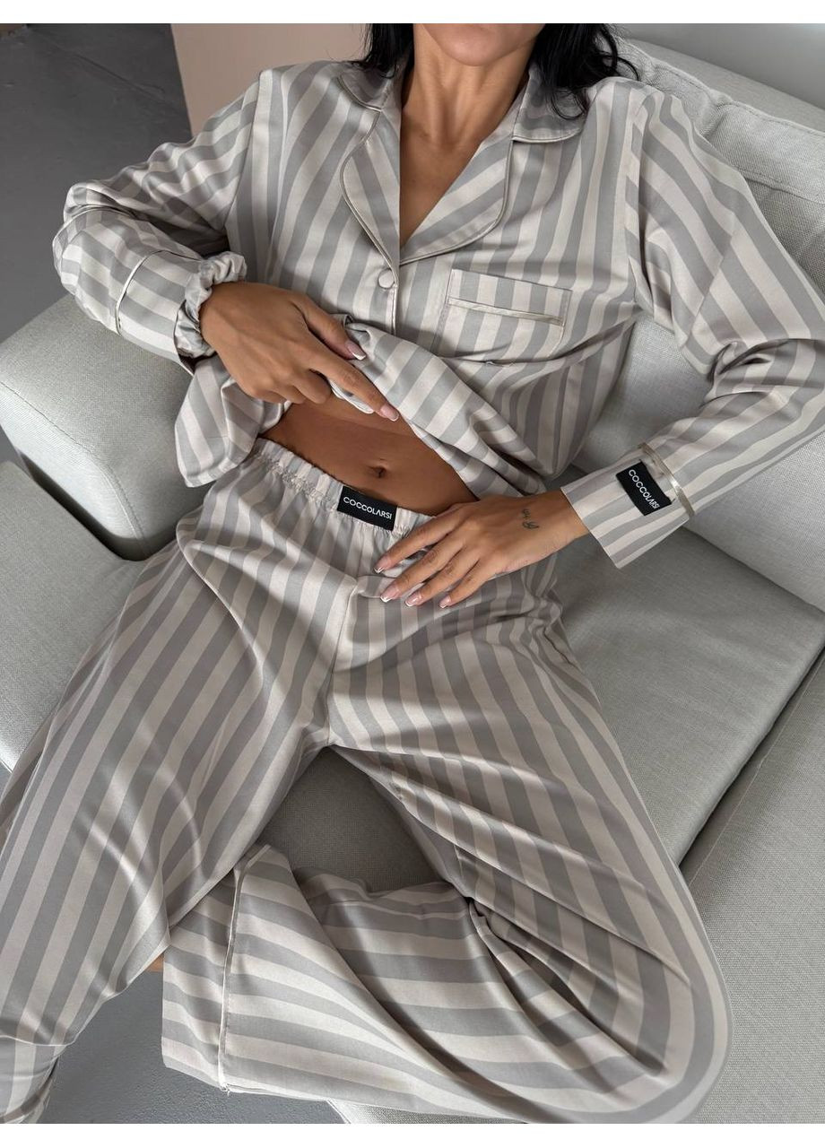 Серая всесезон женская пижама серая с полосатым узором рубашка + брюки Vital-Textile 1294