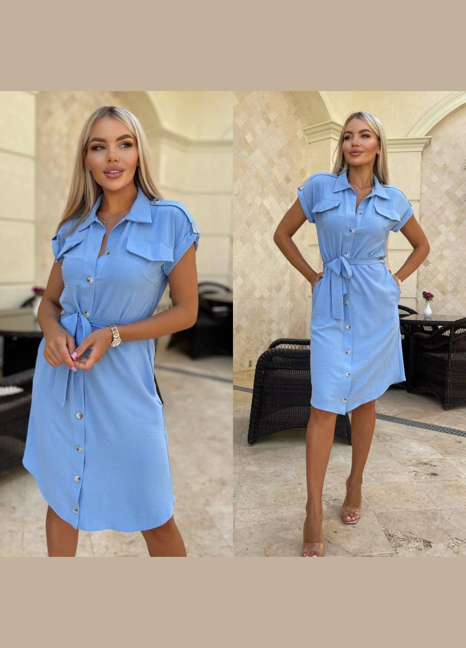 Блакитна сукня-сорочка з поясом Fashion