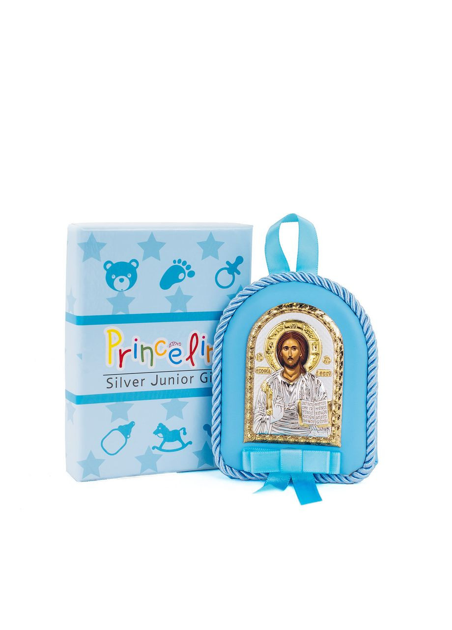 Дитяча іконка на синій подушечці Спаситель Ісус 8х10см в сріблі Prince Silvero (265215687)