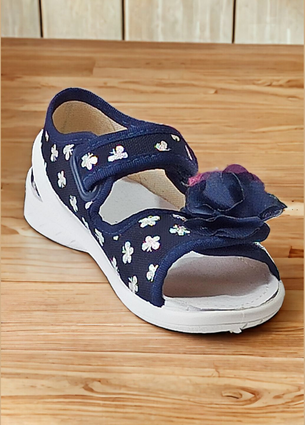 Синие ортопедические открытые тапочки текстильные босоножки для девочки Waldi с бантом, с цветами