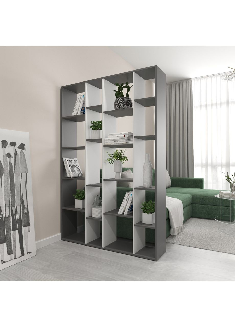 Стелаж D-2 Антрацит-Білий, книжкова полиця з 20 комірками, етажерка з ЛДСП для дому, іграшок та декору, 117×30×178 см VAYS (373315235)