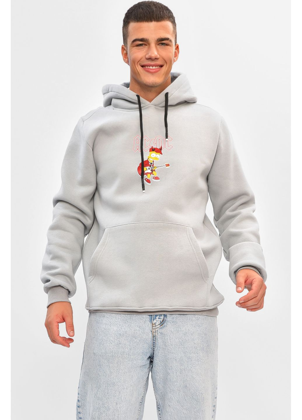 Сірий худі чоловіче на флісі сірого кольору з принтом Let's Shop малюнок без декору (356454629)