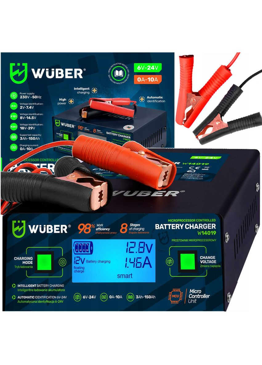 Зарядний пристрій для акумуляторів 6/8/12/14/16/24В 10А W14019 (Польща) Wuber (370598605)