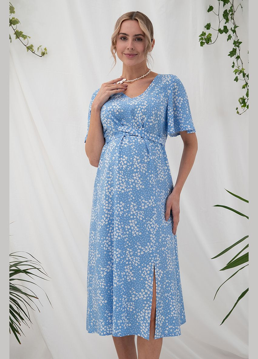 Голубое нарядное платье для беременных и кормящих мам из штапеля голубое Юла мама