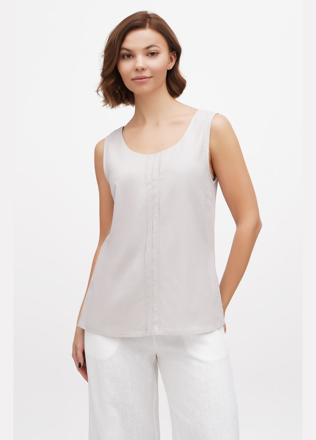 Серая женская блуза из тонкого полульна без рукавов однотонная без вышивки норма. черный, р.44, код 9425/44/147 ГАЛЕРЕЯ ЛЬОНУ