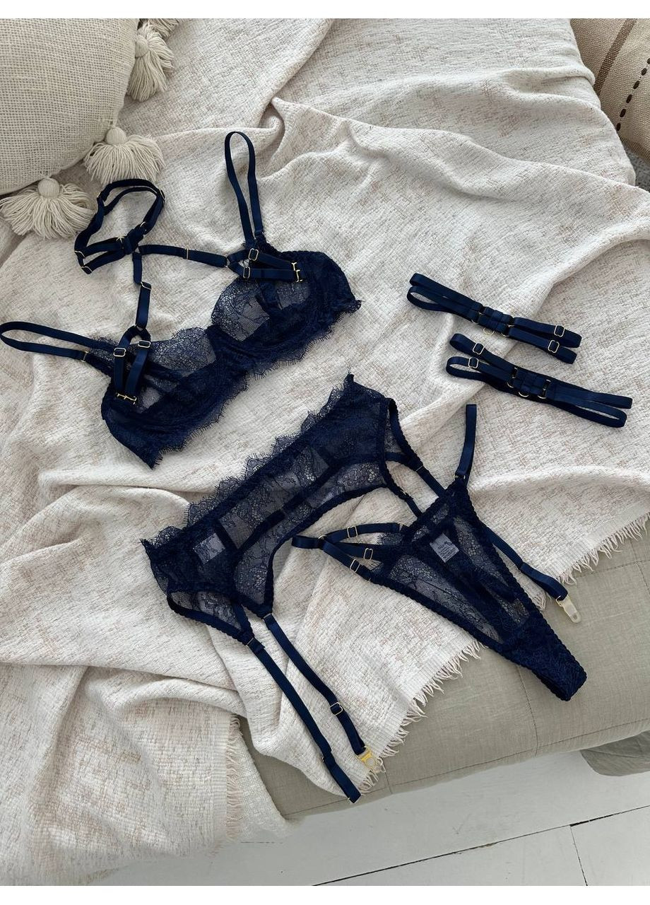 Синий балконет комплект женского белья | нежный кружевной, синее соблазнение Vital-Textile с косточками полиэстер, эластан
