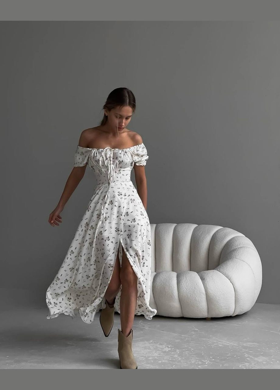 Молочное повседневный платье женское с открытыми плечами Україна с цветочным принтом