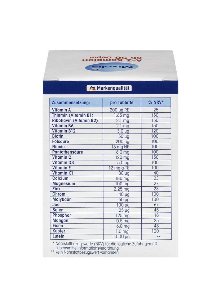 Ежедневные БИОЛОГИЧЕСКИЕ АКТИВНЫЕ ДОБАВКИ, витамины A-Z КОМПЛЕКТ от 50 лет, 100 шт, от DM Mivolis (360654962)