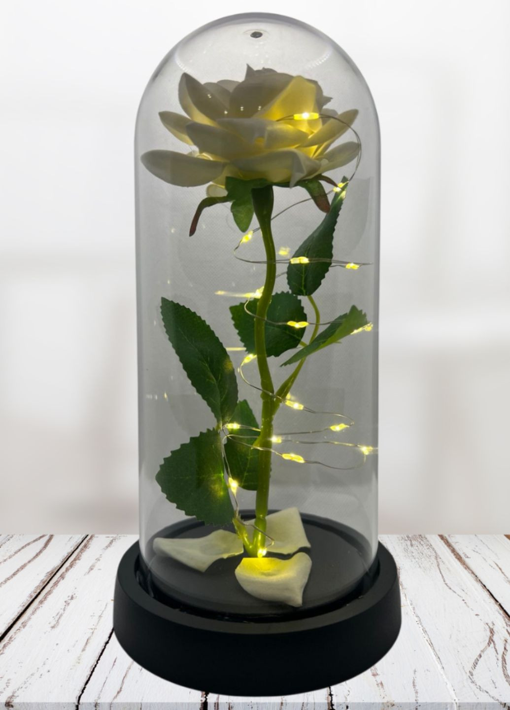 Вічна троянда в колбі (нічник) з LED підсвічуванням 20 см, біла з чорною підставкою No Brand (315728813)