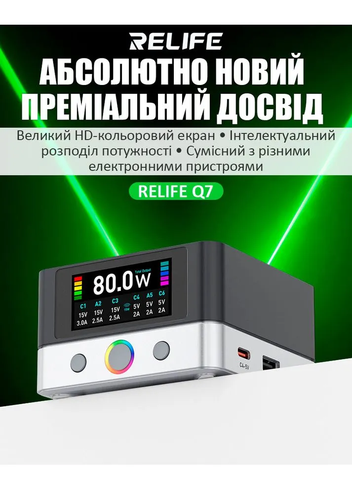 Швидкий зарядний пристрій Q7 / 4xUSB Type-C / 2xUSB / Бездротова зарядка / 80 Вт Max Relife (377995959)