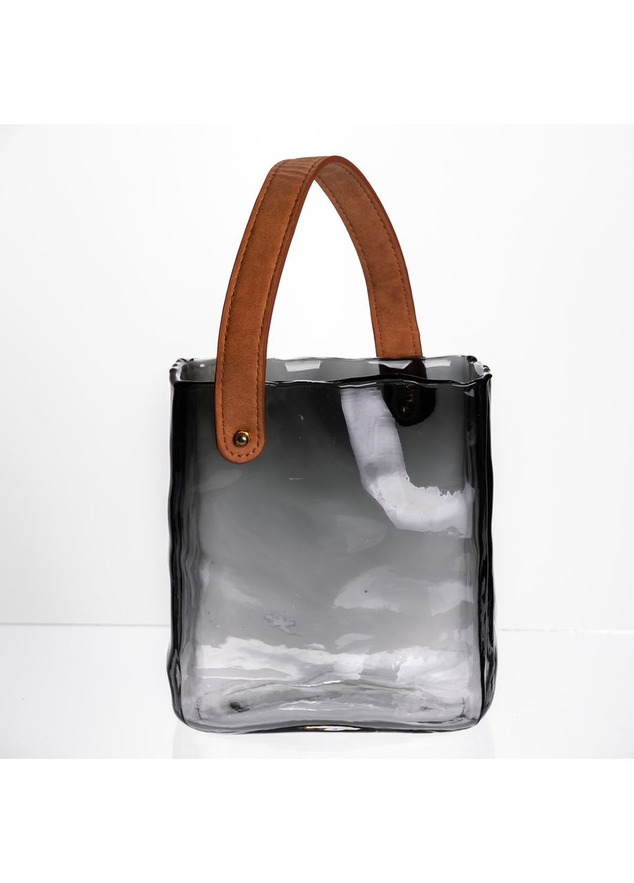 Стеклянная ваза сумочка серого цвета для сухоцветов декоративная 18,5 см с ручкой. Yiwu (370432145)