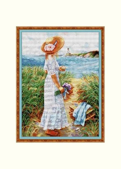 Набір для вишивання за нанесеною на канву схемою "Girl Holding Flowers By The Sea". AIDA 14CT printed 41*52 см Joy Sunday (313613245)