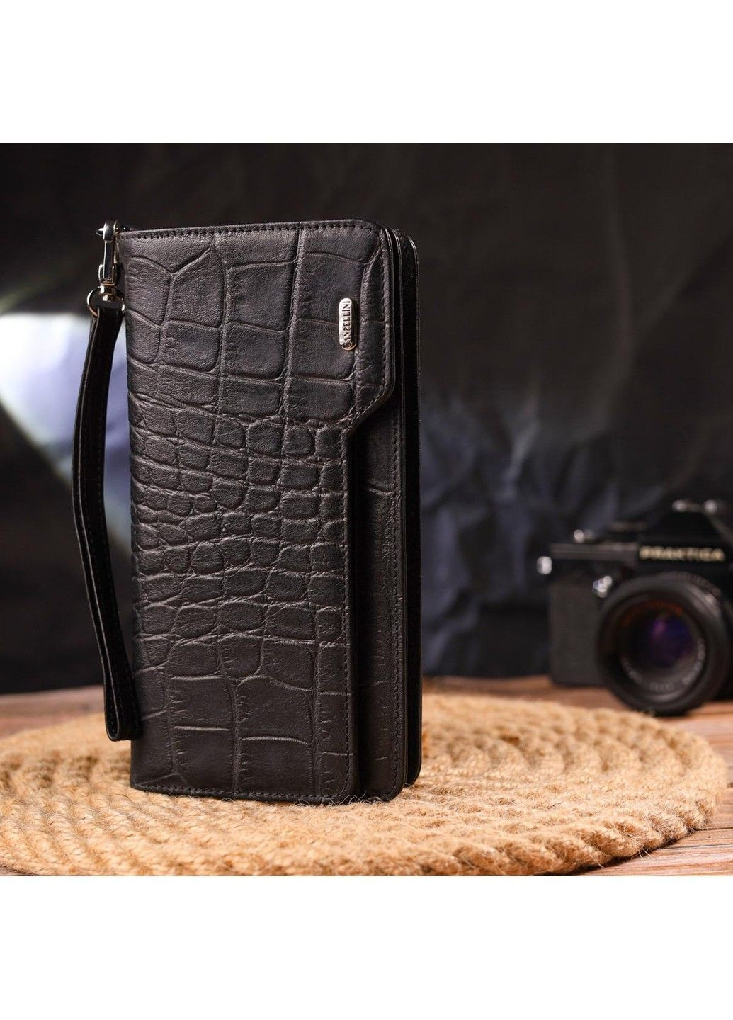 Жіноче портмоне клатч із натуральної фактурної шкіри 21543 Чорне Canpellini (385209255)