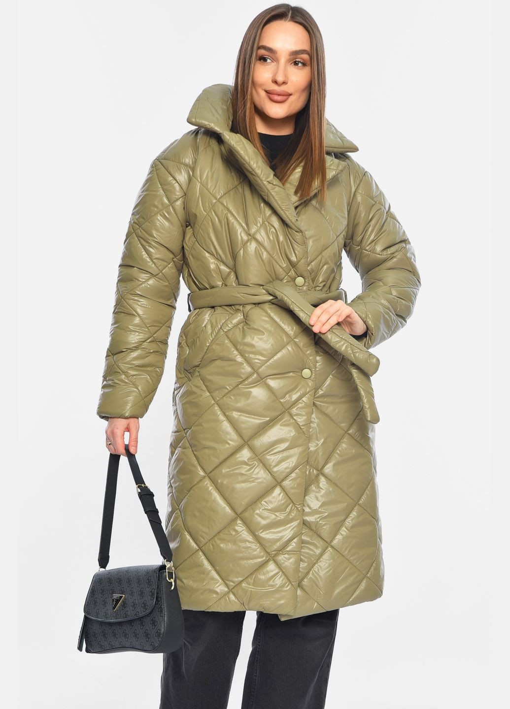 Оливкова демісезонна куртка жіноча подовжена демісезонна оливкового кольору Let's Shop