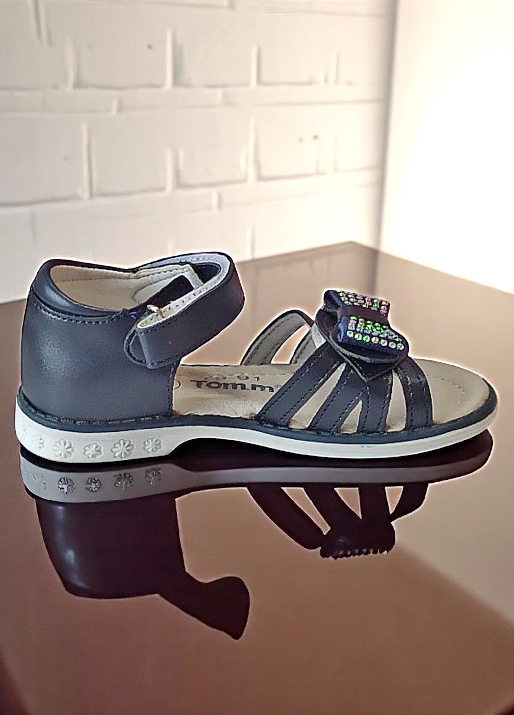 Темно-синие ортопедические босоножки сандалии на липучках для девочки том м Tom.M со стразами, с бантом