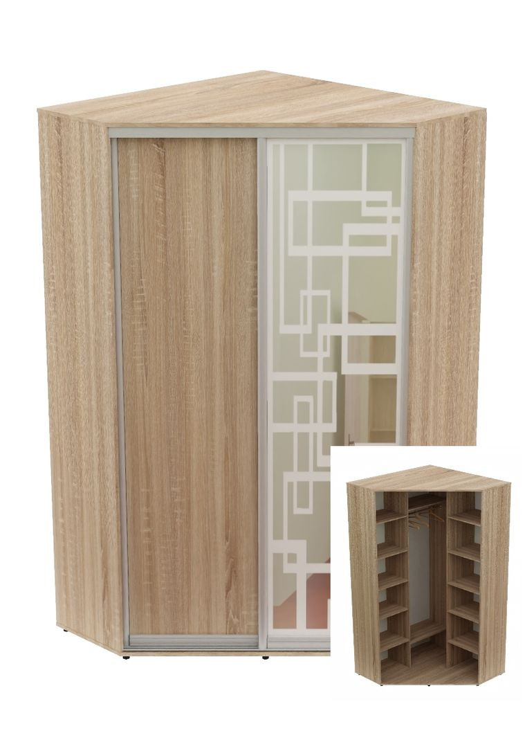 Шафа-купе дводверна кутова 100*100*240 Дуб Сонома ДСП/Дзеркало з піскострумним малюнком Угол-1 Алекса (360449177)