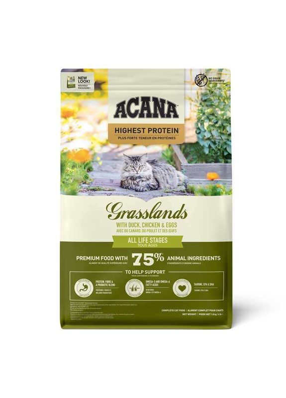 Grasslands Cat - Сухий корм із м'ясом качки, курки та яйцями для котів різного віку - 1,8 кг Acana (327055936)