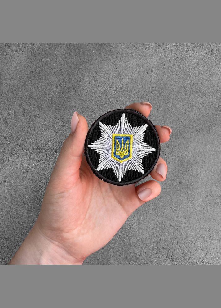 Шеврон на липучці Кокарда Поліція кругла 6 см чорний, вишитий патч нашивка липучка IDEIA (313595054)