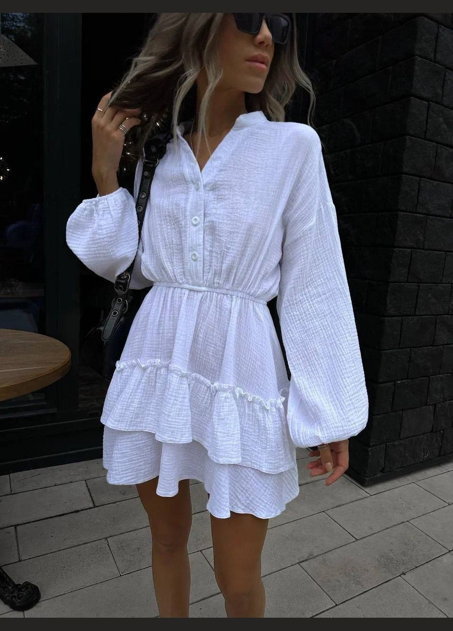 Білий повсякденний жіноче муслінове плаття з рюшами кльош Україна однотонна