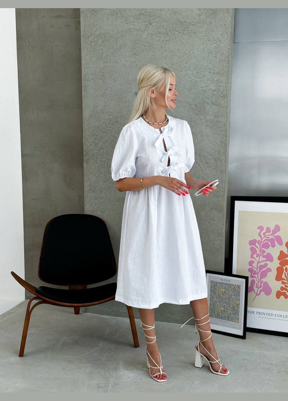 Білий повсякденний, святковий жіноча літня льняна сукня міді оверсайз Style Point однотонна