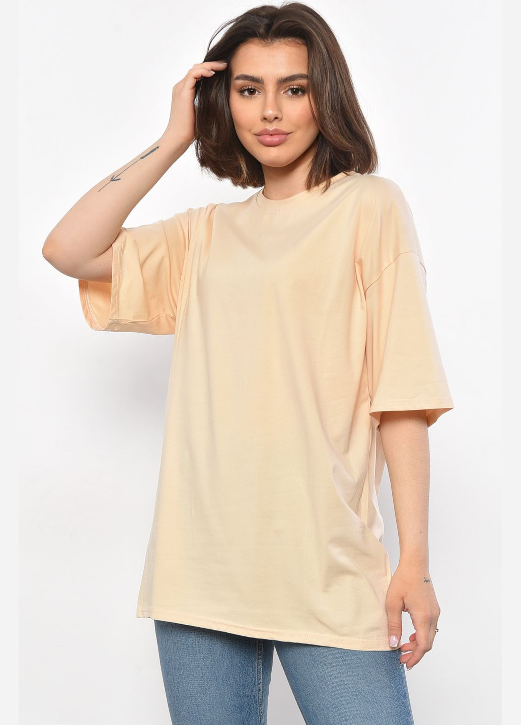 Бежева літня футболка жіноча напівбатальна однотонна бежевого кольору Let's Shop